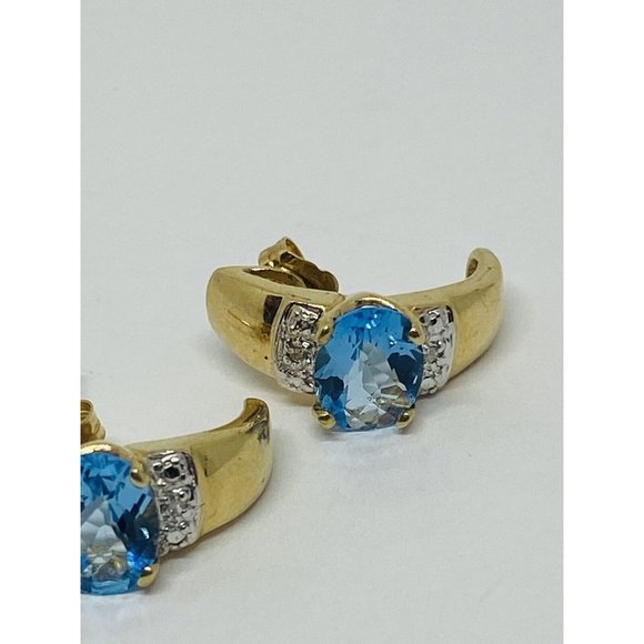10K Yellow Gold Blue Topaz Diamond Earrings Half Hoop - Picture 3 of 7